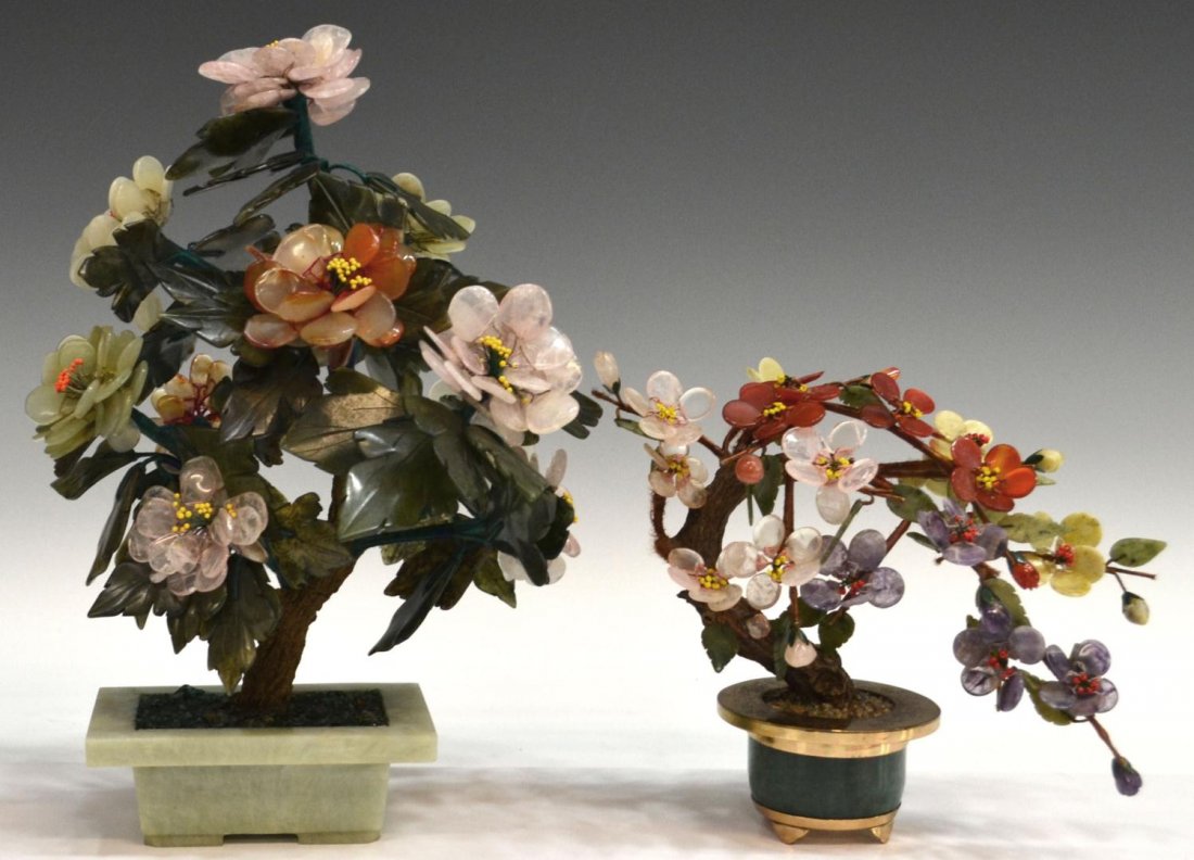 (2) CHINESE JADE & SEMI-PRECIOUS STONE TREES: (lot of 2) Chinese semi-precious stone trees in pots with flowering branches consisting of jade, rose quartz, carnelian, amethyst, etc., (1) set in jade pot, some loss to petals, 12.5"h; (1) set in ja
