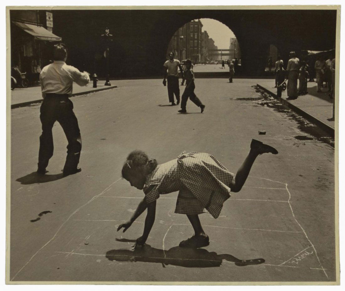 PHOTOGRAPHY, "HOPSKOTCH" WALTER ROSENBLUM1919-2006: Unframed matted gelatin silver print, signed, titled, dated, on verso "Hopskotch, 105 St., N.Y., 1952, Walter Rosenblum (New York, b. 1919), sight: 6.75"h, 8"w, mat: 13.5"h, 16"w Start Price: $600.00