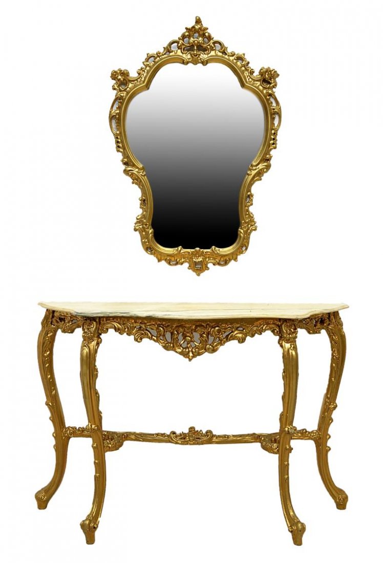 (2)LOUIS XV STYLE GILT WOOD MIRROR & CONSOLE TABLE: (set of 2) Louis XV style gilded wood console table and mirror, 20th c., the mirror frame carved with elaborate roses and abstract foliage, set with a later plate, the marble top demi-table conforming
