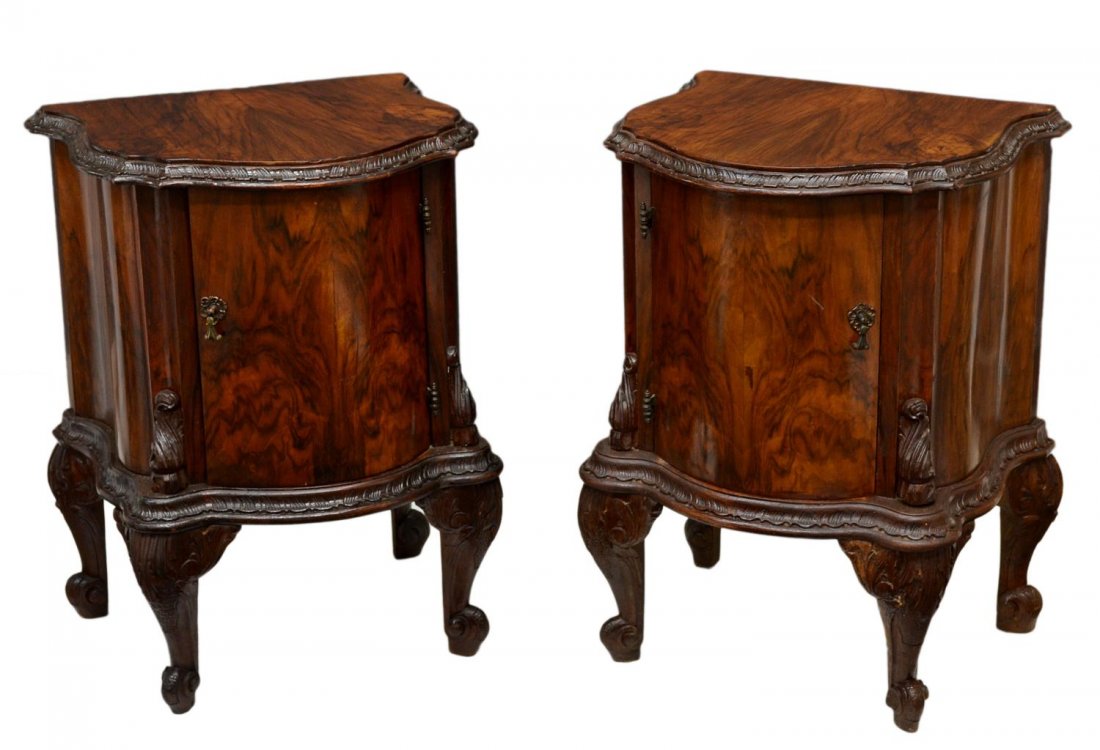 (PAIR) ITALIAN BEDSIDE CABINETS: (pair) Italian bedside nightstand cabinets, Italy, early 20th c., a shaped top, single bow front door, serpentine sides, rising on cabriolet legs with scrolled feet, 28.5"h, 21"w, 17"d Start Price: $1