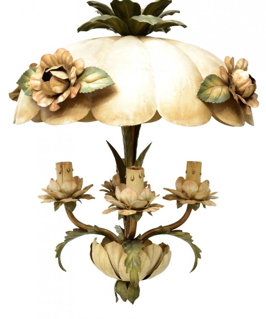 VINTAGE ITALIAN PAINTED METAL FLORAL CHANDELIER: Vintage Italian metal chandelier, the ribbed metal shade with applied leafy flowers, foliated standard issuing four vines terminating in lights, in worn paint, discoloration, needs wiring, approx 17"h