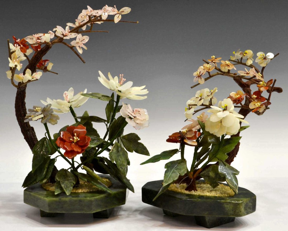 (2) CHINESE JADE & SEMI-PRECIOUS STONE TREES: (lot of 2) Chinese semi-precious stone trees with arching flowering branches consisting of jade, rose quartz, carnelian, etc., in jade pots, largest: 12.5"h, smallest: 10"h, overall some slight roughn