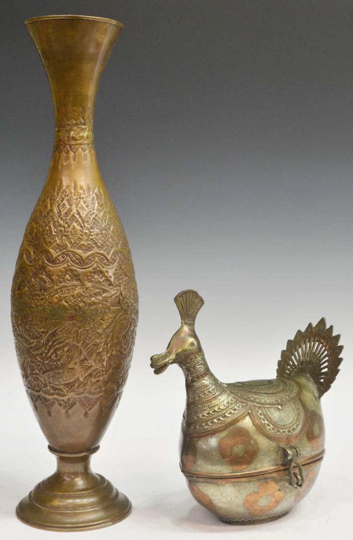 MIDDLE EASTERN MIXED METAL VASE & FIGURAL EGG BOX: (lot of 2) Middle Eastern mixed metal containers, comprising: (1) tall copper vase, in relief and engraved with intricate imagery of foliage, birds, gazelles among other animals, some dents and wear w