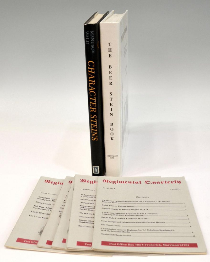 (9) COLLECTION STEIN REFERENCE BOOKS & PAMPHLETS: (lot of 9) Collection of stein reference pamphlets and books, comprising; (1) 'The Beer Stein Book, A 400 Year History' 'Illustrated Catalog Current Prices Collector's Information' by Gary Kirsner and