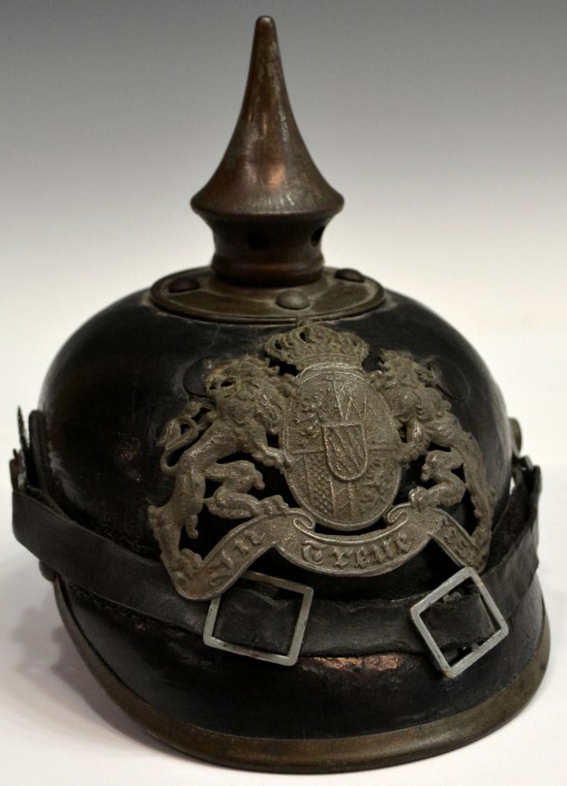 GERMAN PICKELHAUBE SPIKE HELMET, BAVARIA: German pickelhaube helmet fitted with metal front plate depicting the Kingdom of Bavaria coat of arms, leather body, metal rim at visor, plain neck guard, worn interior leather adjustable liner, a sin