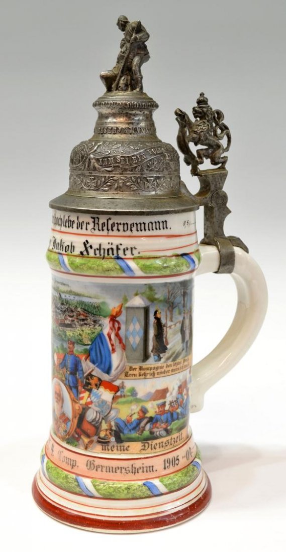ANTIQUE GERMAN REGIMENTAL LITHOPHANE BEER STEIN: German Bavarian Gefreiter regimental lithophane beer stein, Gefreiter (private first class) Dakob Schnfer, 1905-1907, pewter finial showing soldier helping a wounded man with text in relief including 