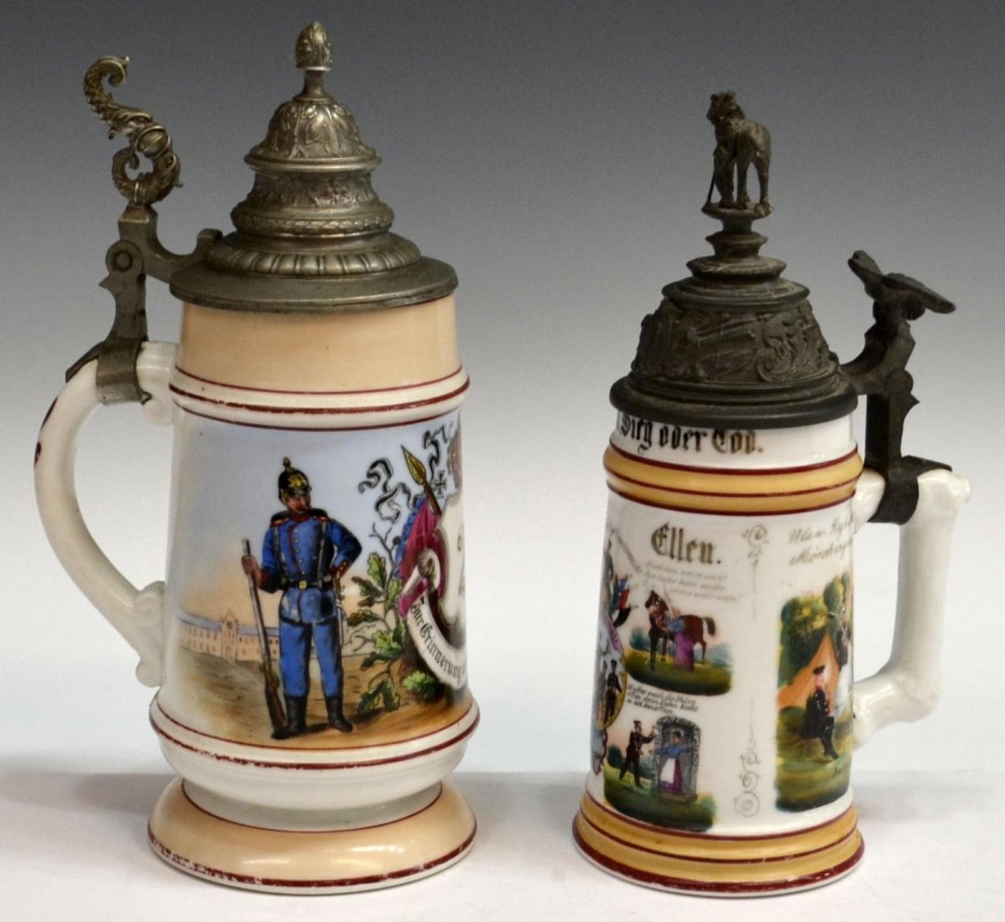 (2) GERMAN REGIMENTAL LITHOPHANE BEER STEINS: (lot of 2) German regimental lithophane steins with hinged pewter lids, comprising: (1) Prussian, Ulan 1897, body depicting scenes of soldier and lancer life with raised enamel detail, regiment inform