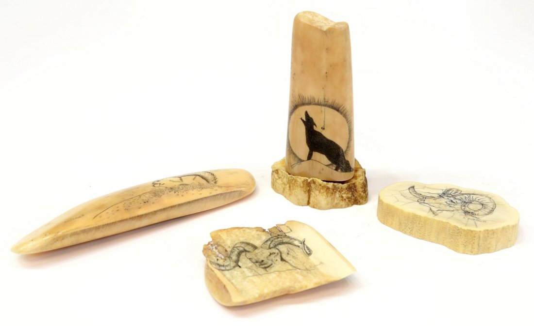 (5) ALASKA SIGNED CARVED WALRUS IVORY: **This item will not be shipped internationally** (lot of 5) Alaska carved walrus ivory signed S. Corriell,: (5) incised pieces with rams, wolf, flowers, and squirrel, largest: 4.5"l, 1.1/8"w, 0.25lb 