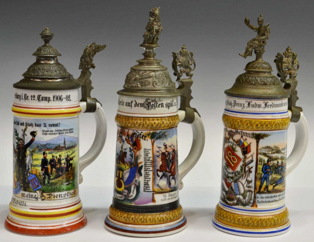 (3) GERMAN REGIMENTAL LITHOPHANE STEINS WITH LOSS: (lot of 3) German regimental lithophane steins with hinged pewter lids, comprising: (1) Prussian, 1906-1908, the body shows a portrait with an eagle and crest flanked by scenes of soldier battle and l