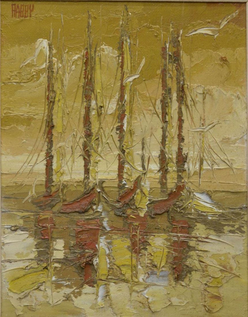 SAIL BOAT PAINTING, JIM RABBY (b. 1947, TEXAS): Framed oil pallet knife painting on canvas, Sailboats & Gull", signed upper left Rabby (Texas, New Mexico, b.1947), sight: 19.25"h, 15.25"w, overall: 28.75"h, 24.5"w, 8lbs Start Price: $150.00