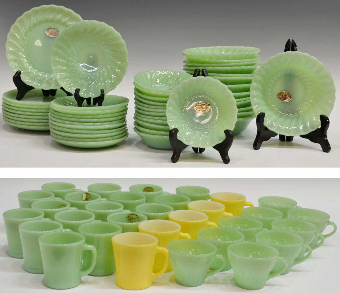 (77)AMERICAN ANCHOR HOCKING JADEITE SERVICE WARE: (77 pieces) A set of (72) American Anchor Hocking 'Jadeite' dinner ware, comprising: (9) plates, 7.5"diam; (13) bowls, 2"h, 6.5"diam; (13) berry bowls, 1.5"h 5:diam; (9) teacups, 2.75"h, 3.75"dam, wit