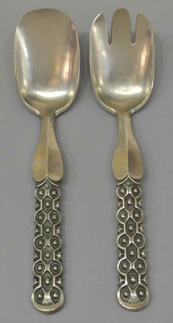 DAVID-ANDERSON MODERNIST PEWTER SALAD SET: (set of 2) Modernist pewter salad set, David-Andersen, Norway, designed by Guttorm Gagnes (designer for Andersen, 1904-1964) comprising spoon and fork with stylized handles, marked `Stopt, D-A, Tinn, 