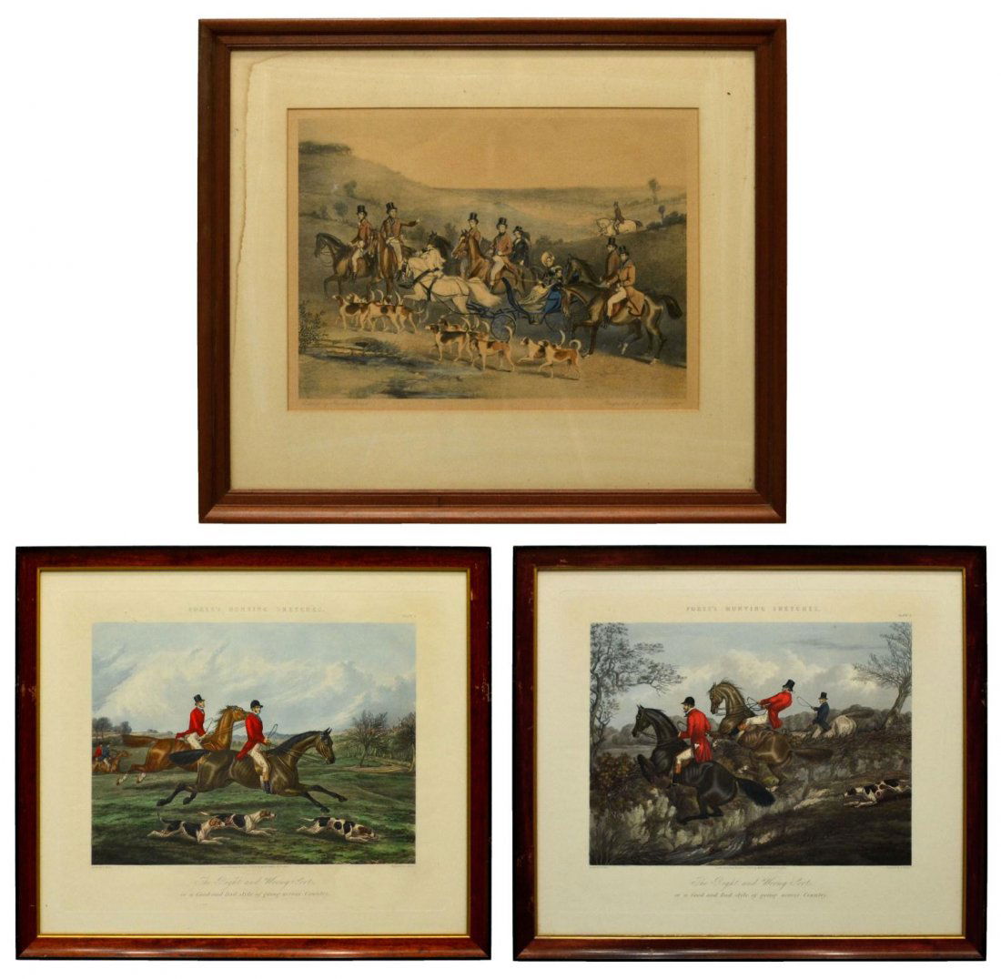 (3) FRAMED BRITISH HUNT SCENES: (lot of 3) Framed British hunt scene aquatints: (2) Fores's Hunting Sketches, after Henry Thomas Alken (British, 1785-1851), "The Right and Wrong Sorts", plate 1 and 2, sight: 10.75"h, 15"w, overall: