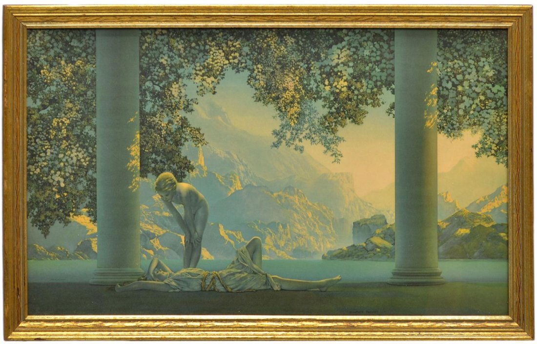 FRAMED MAXFIELD PARRISH PRINT, "DAYBREAK": Framed print on paper, "Daybreak", after Maxfield Parrish (American, 1870-1966), bearing the copyright of The House of Art, N.Y., sight: 17.5"h, 29.5"w, overall: 20.5"h, 32.5"w, 8lbs Start Price: $50.