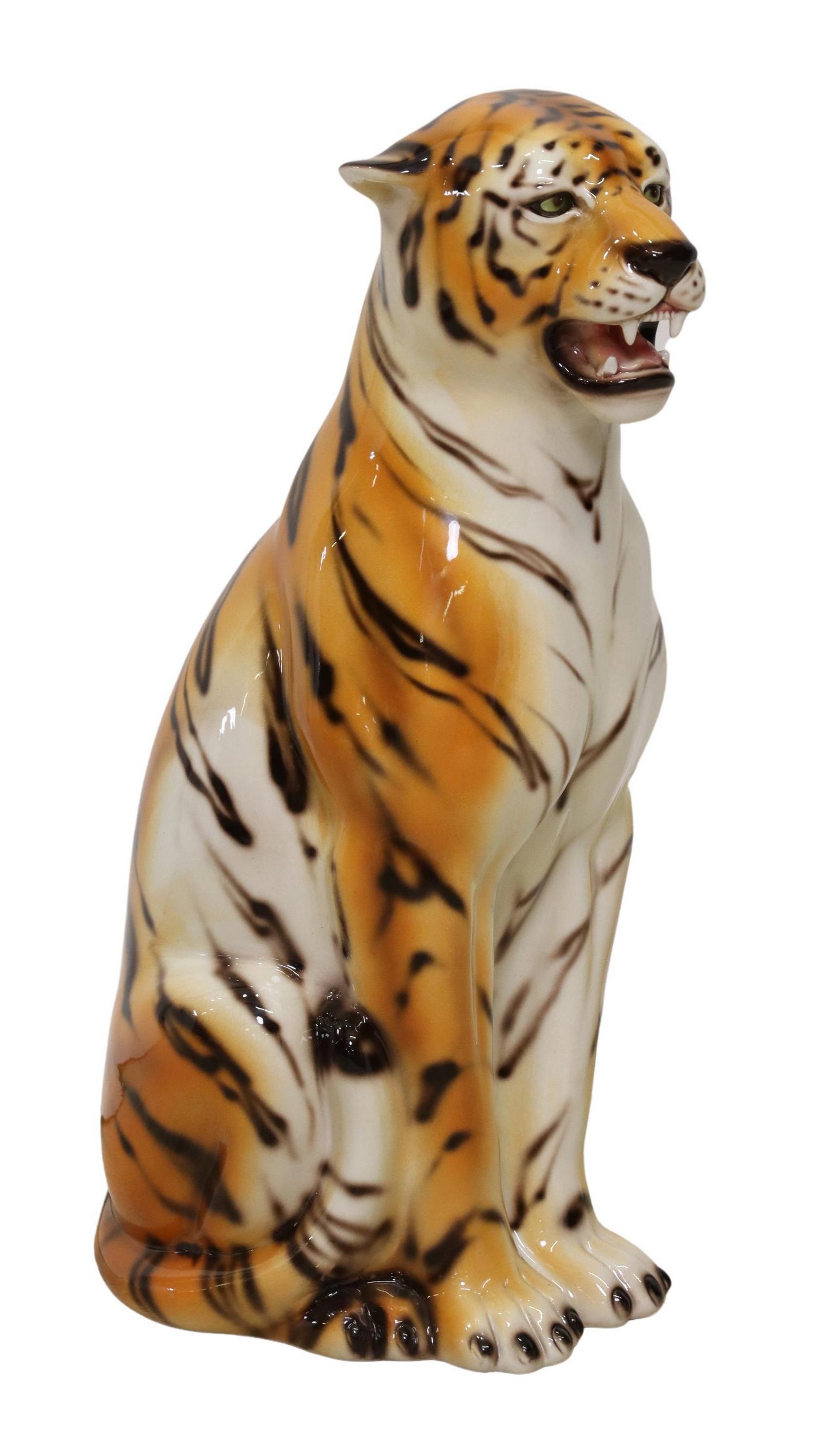 LARGE ITALIAN CAST CERAMIC SEATED TIGER (1 of 5)