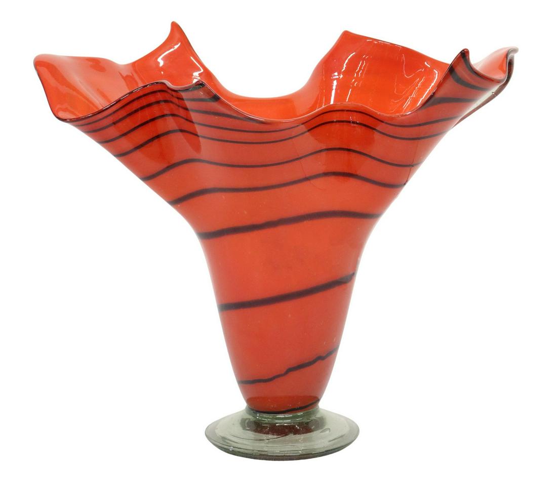LARGE HAND-BLOWN ART GLASS HANDKERCHIEF VASE, 16"H: Hand-blown art glass vase, 20th c., having ruffled rim, striped body, rising on colorless round foot, approx 16"h, 18 1/8"w, 11.5"d, 8.5lbs Start Price: $50.00