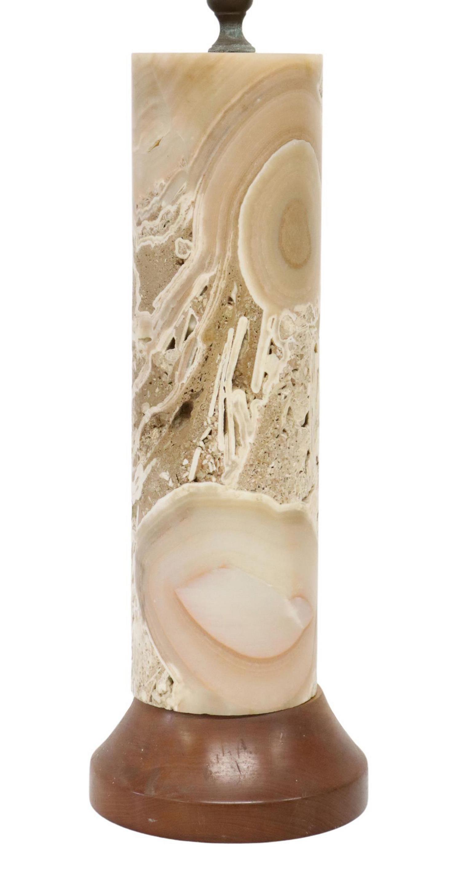 CYLINDRICAL BANDED STONE TABLE LAMP ON WOOD BASE (1 of 4)