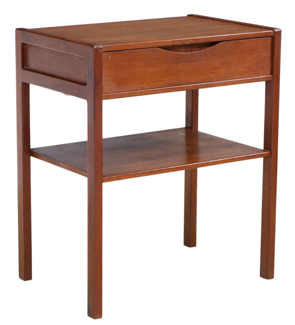MID-CENTURY MODERN 1-DRAWER TEAK NIGHTSTAND: Mid-century modern teak nightstand, c.1960s, having rectangular top, over single drawer, rising on squared supports, joined by medial shelf, approx 21"h, 18"w, 12"d Start Price: $100.00