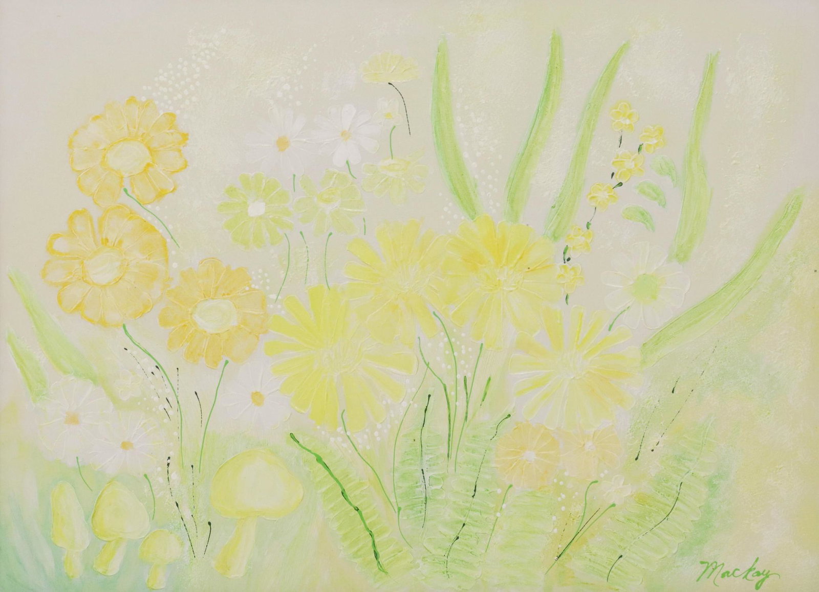 MACKAY (20TH C.) MODERN PAINTING DAISIES MUSHROOMS: Framed acrylic on canvas painting, Daisies and Mushrooms, signed lower right Mackay (20th c.), sight: approx 29.5"h, 40.5"w, overall: 32"h, 43.25"w, 12.75lbs Start Price: $80.00