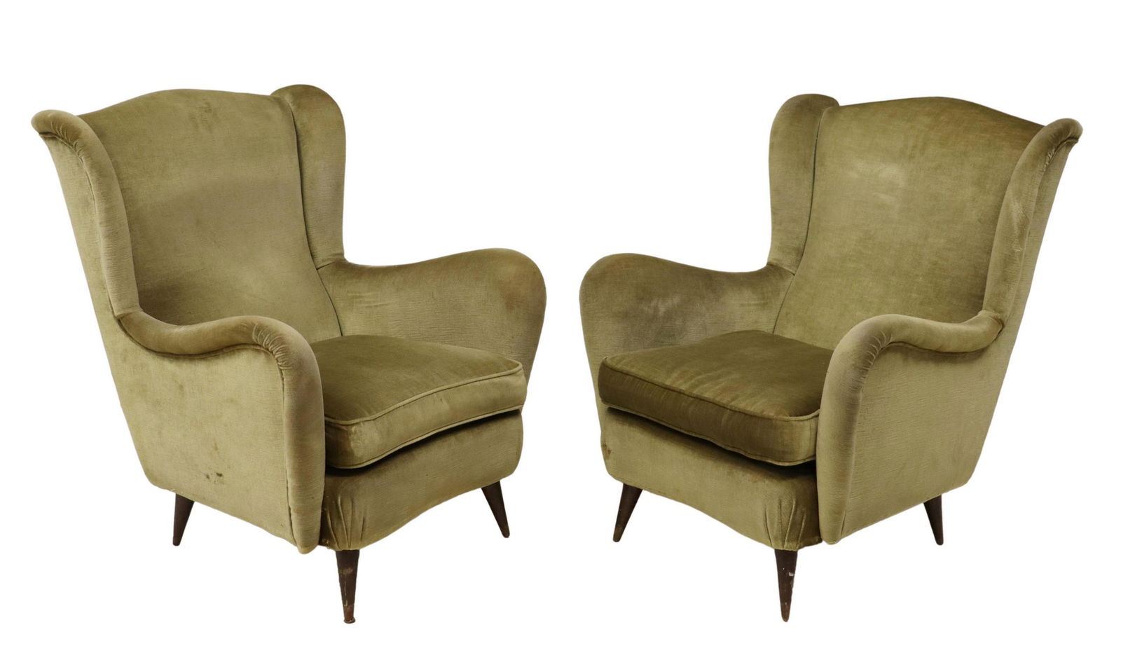 (2) ITALIAN MID-CENTURY MODERN WINGBACK CHAIRS: (pair) Italian mid-century modern armchairs, in the manner of Paolo Buffa (Italian, 1903-1970), c.1950s, having shaped back over rolled arms, in green upholstery, with removable seat cushion, rising o
