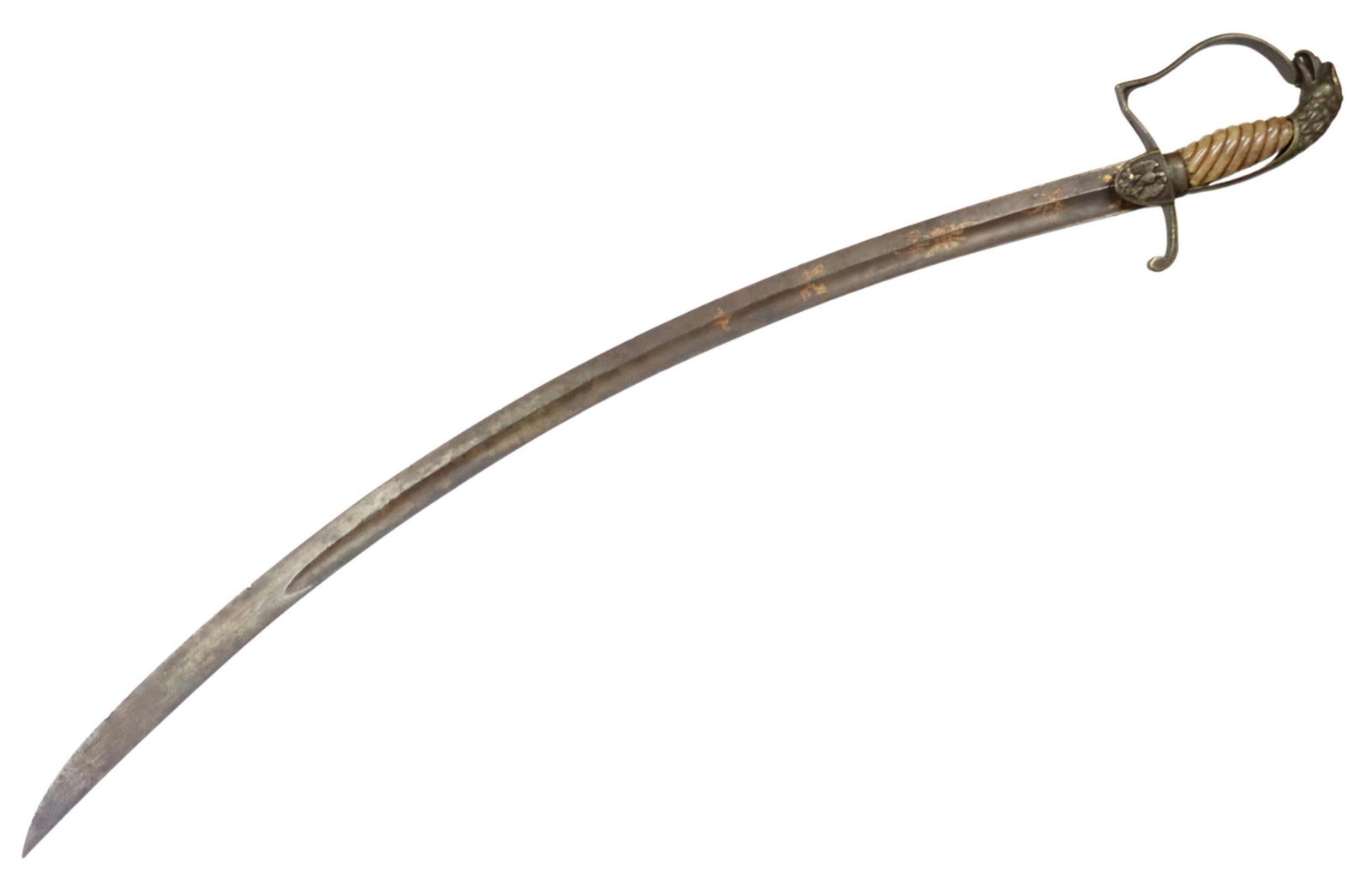 AMERICAN WAR OF 1812 EAGLE HEAD SWORD: U.S. War of 1812 era sword, curving 30" blade surface in black with gilt decoration including both sides with crossed flags, cannons and foliate scrolling, the right langet with a raised eagle, it's h