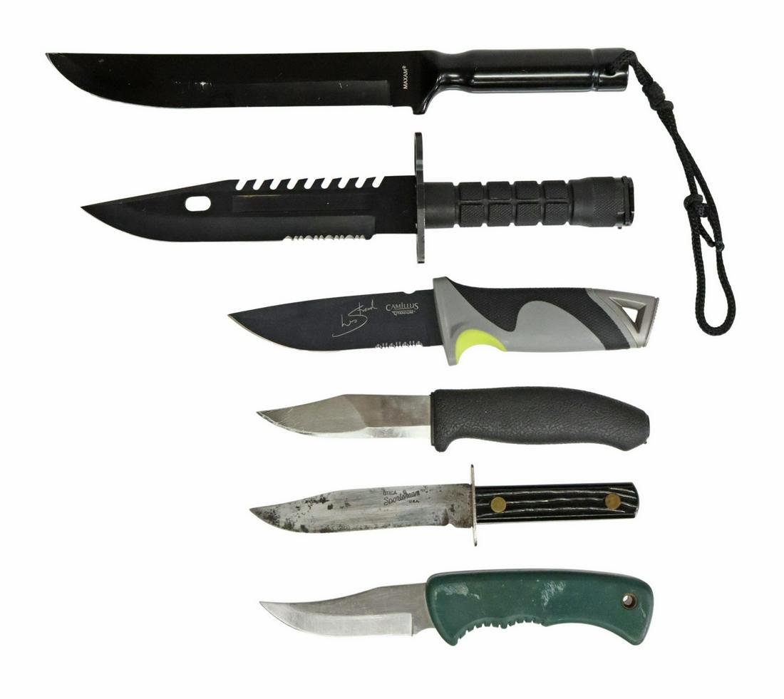 (6) FIXED BLADE KNIVES SCHRADE, CAMILLUS, MORE: (lot of 6) Fixed blade knives, unused and not sharpened, most well lubricated: (1) Maxam, 8" straight back blade, 13.5" overall, black handle, entire knife constructed with one piece of metal; (1) Unn
