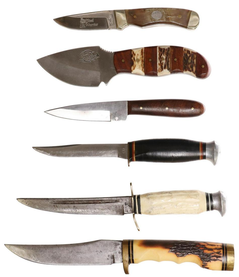 (6) FIXED BLADE KNIVES SOLINGEN, SCHRADE, MORE: (lot of 6) Fixed blade knives, unused and not sharpened, most well lubricated: (1) Schrade Uncle Henry 153UH, 5" trailing point blade, 9.25" overall, Staglon handle; (1) Fox-n-Hound Skinner FH619, 3.2