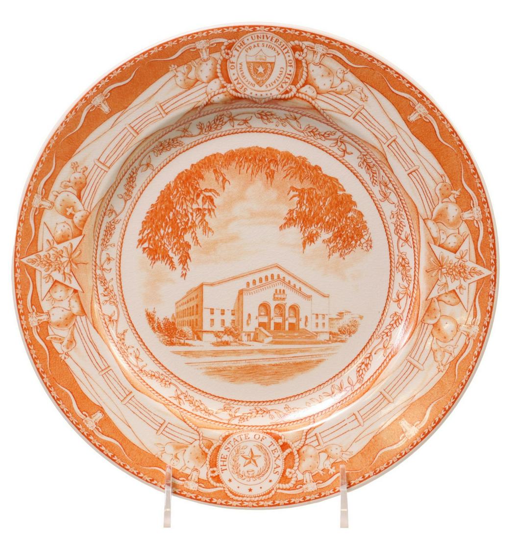 WEDGWOOD UT 'GREGORY GYM' COMMEMORATIVE PLATE: Wedgwood commemorative University of Texas plate, burnt orange on a white ground, a detailed transfer of the "Gregory Gymnasium," a rope and bluebonnet design frame the scene with the University of Te