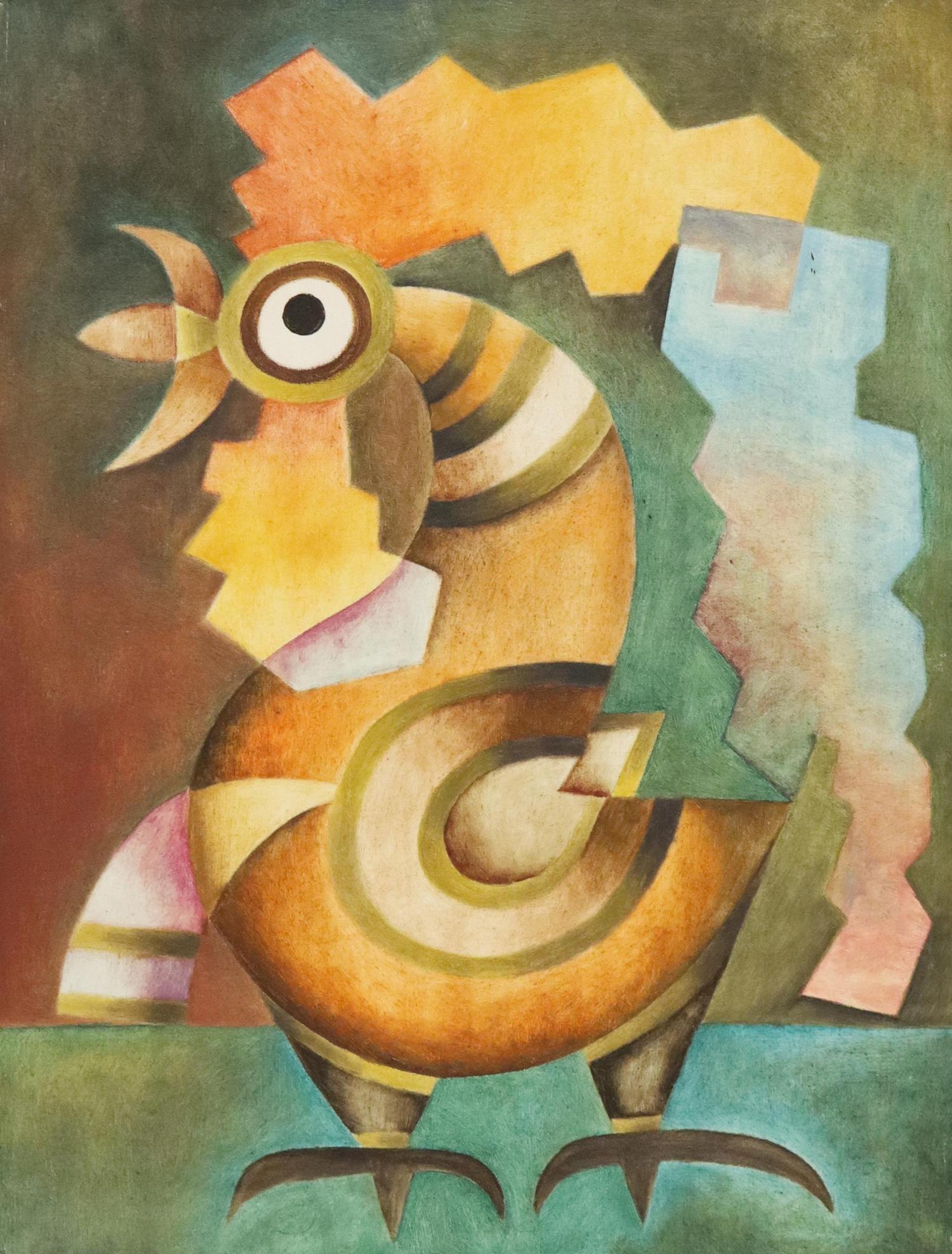 MEXICAN SCHOOL OIL ON CANVAS PAINTING ROOSTER: Framed oil on canvas painting, Gallo, unsigned, in the manner of Jose Maria de Servin (Jalisco, Mexico, 1917-1983), framer's label verso Galerias Cortez, Tijuana, Baja California, sight: approx 23.5"h