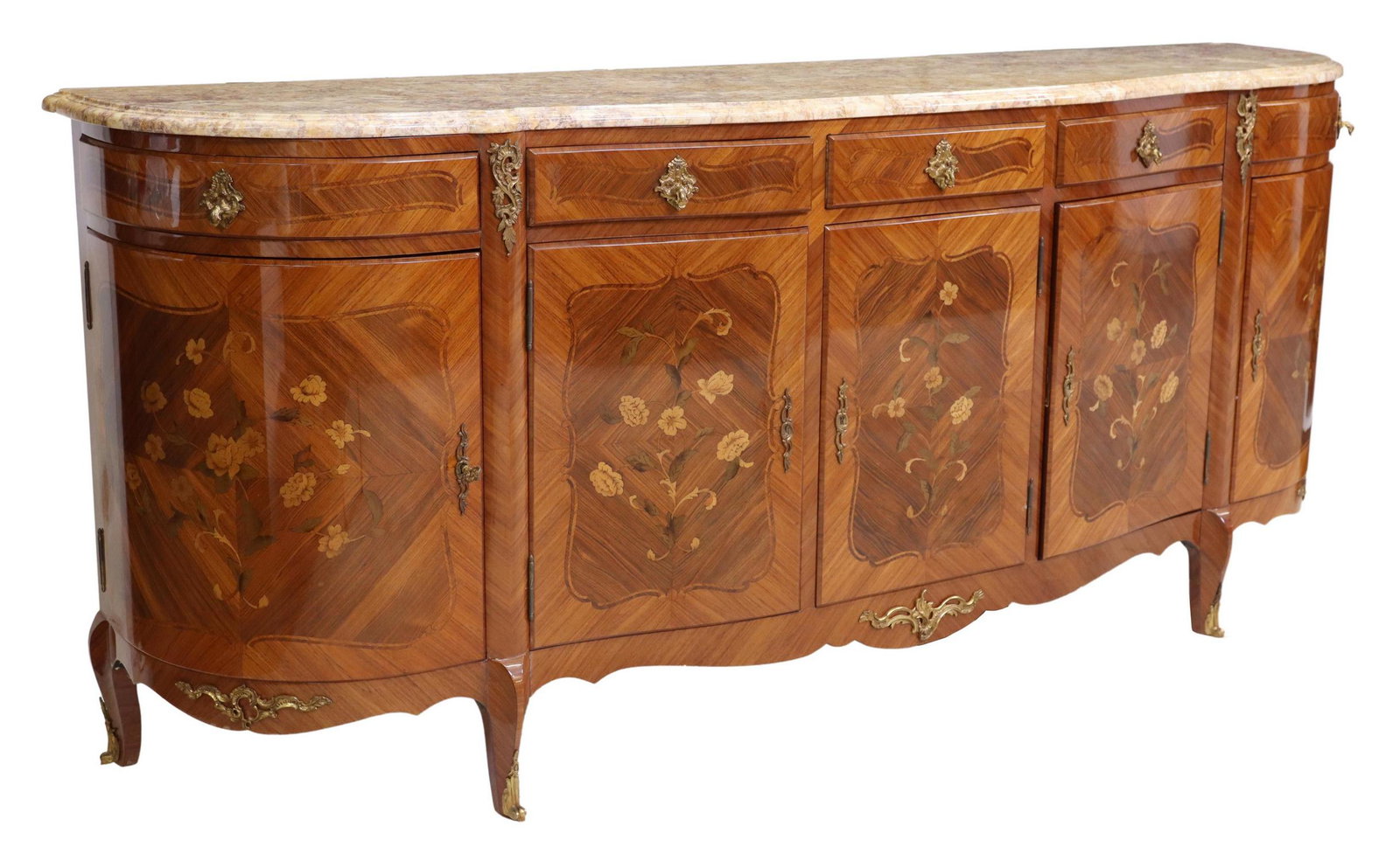 FRENCH LOUIS XV STYLE MARQUETRY SIDEBOARD: French Louis XV style matched-veneer sideboard, 20th c., shaped marble top, case with floral marquetry, five drawers, over five doors, rising on cabriole legs, ending in sabots, approx 41.25"h, 85"w, 