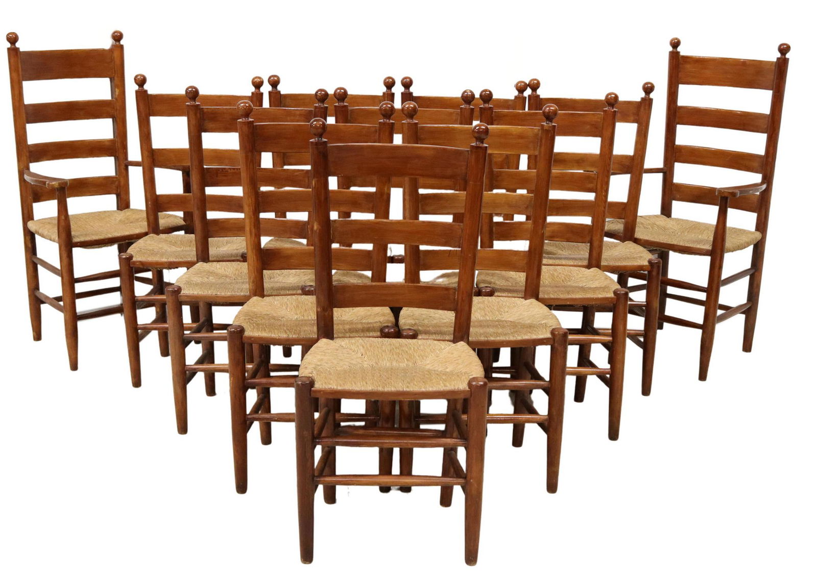 12) PROVINCIAL LADDER BACK RUSH SEAT DINING CHAIRS (1 of 3)