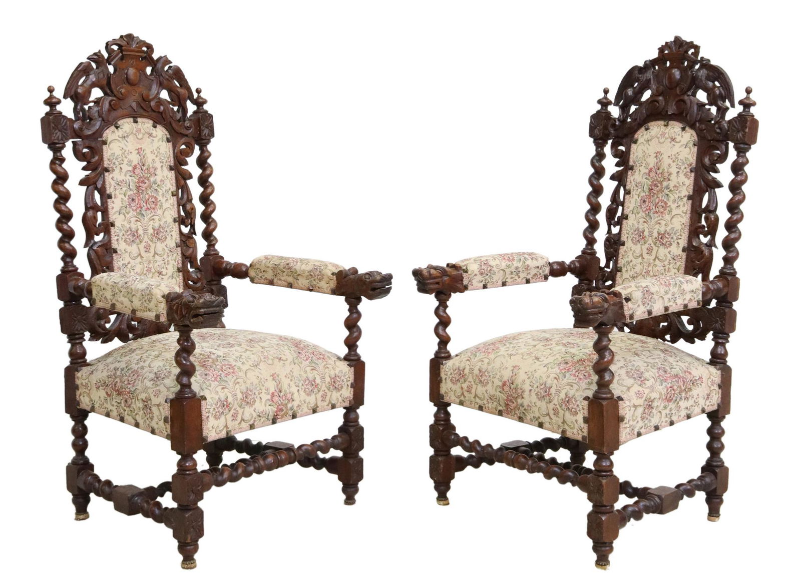 (2) FRENCH HENRI II STYLE CARVED OAK FAUTEUILS (1 of 5)