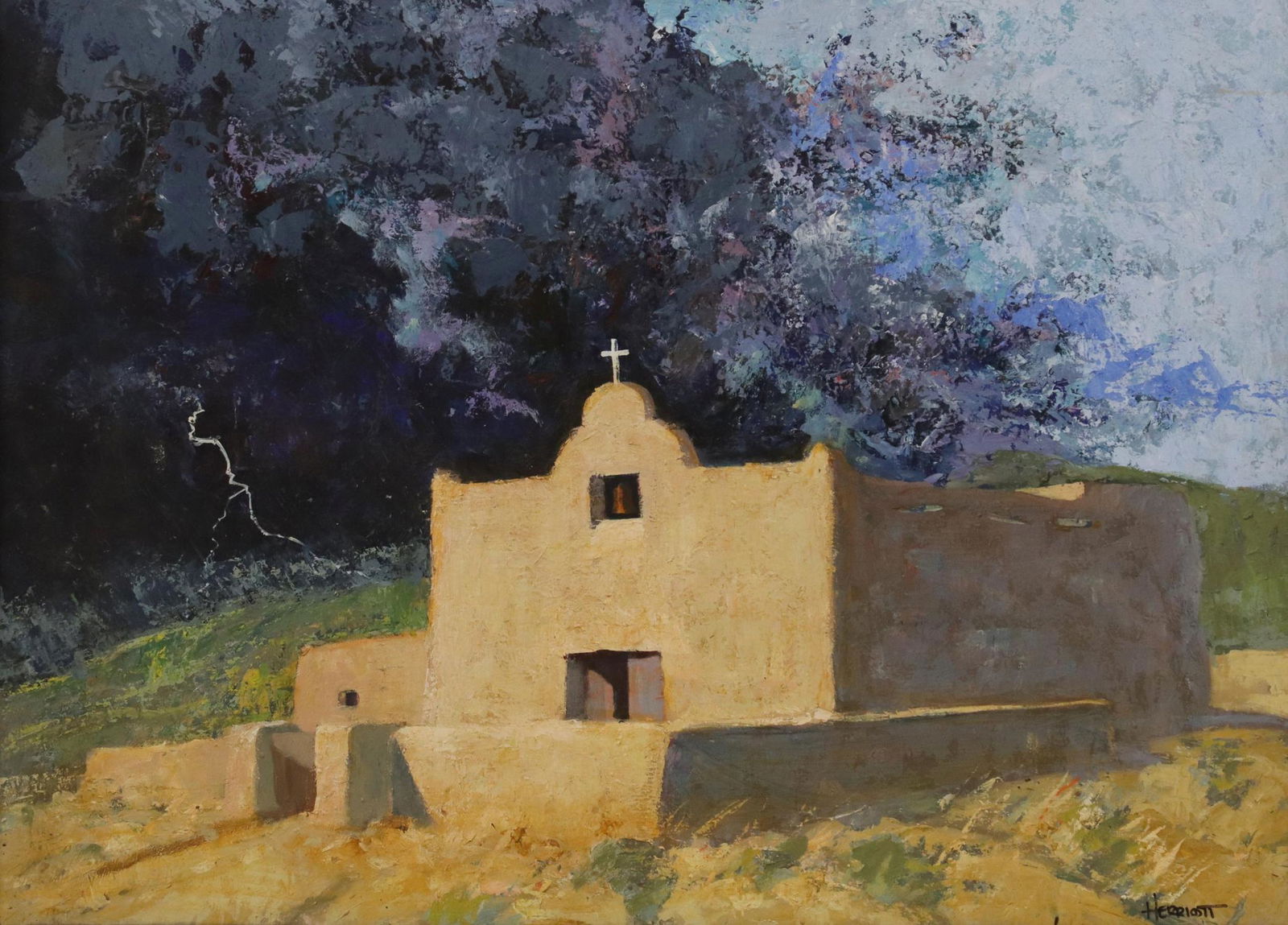 HERRIOTT (20TH C.) PAINTING ADOBE MISSION CHURCH (1 of 4)