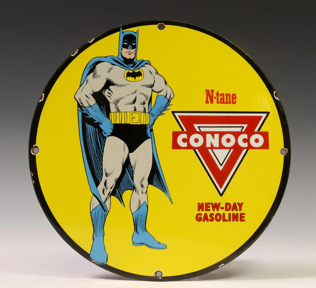 CONOCO GASOLINE ENAMEL ADVERTISING SIGN BATMAN (1 of 2)