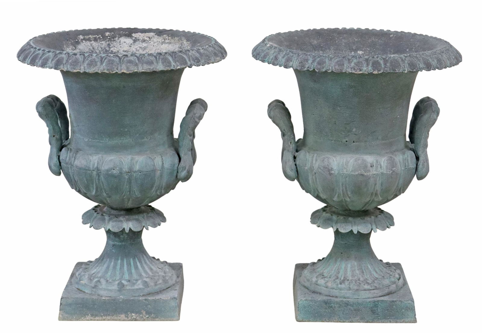 (2) VERDIGRIS PATINATED METAL CAMPANA GARDEN URNS (1 of 5)