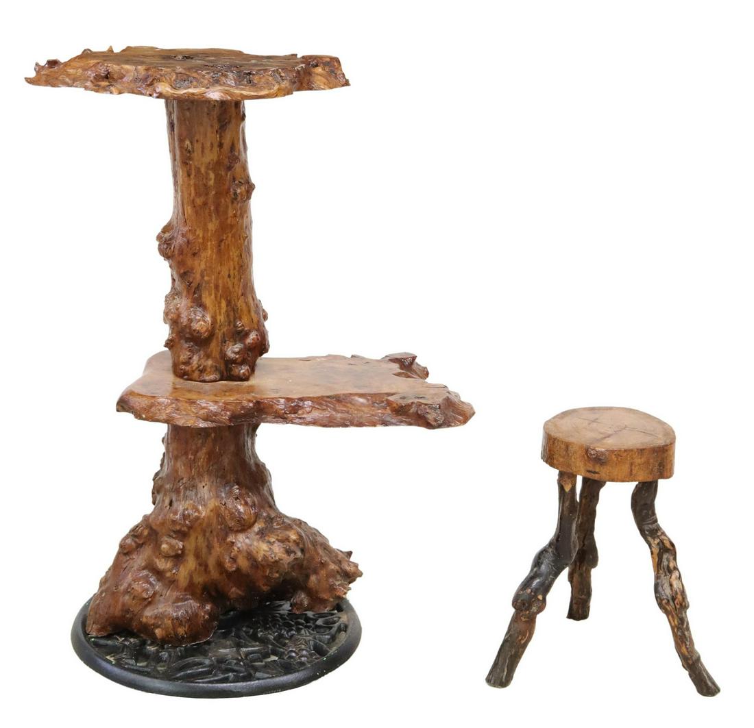 (2) RUSTIC LIVE-EDGE & TWISTED ROOT STAND & STOOL (1 of 4)