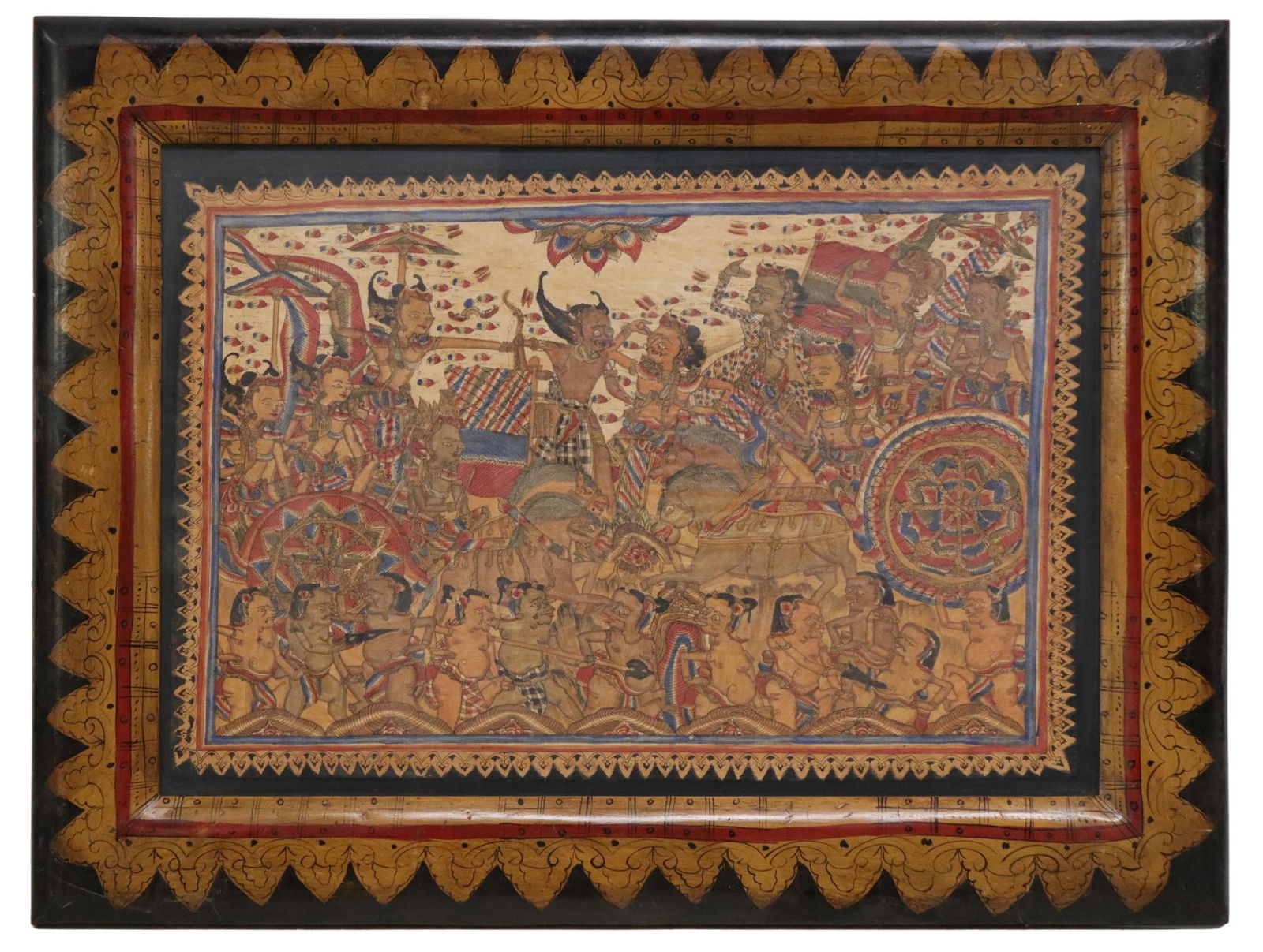 LARGE DECORATIVE FRAMED ASIAN PAINTING ON FABRIC (1 of 3)