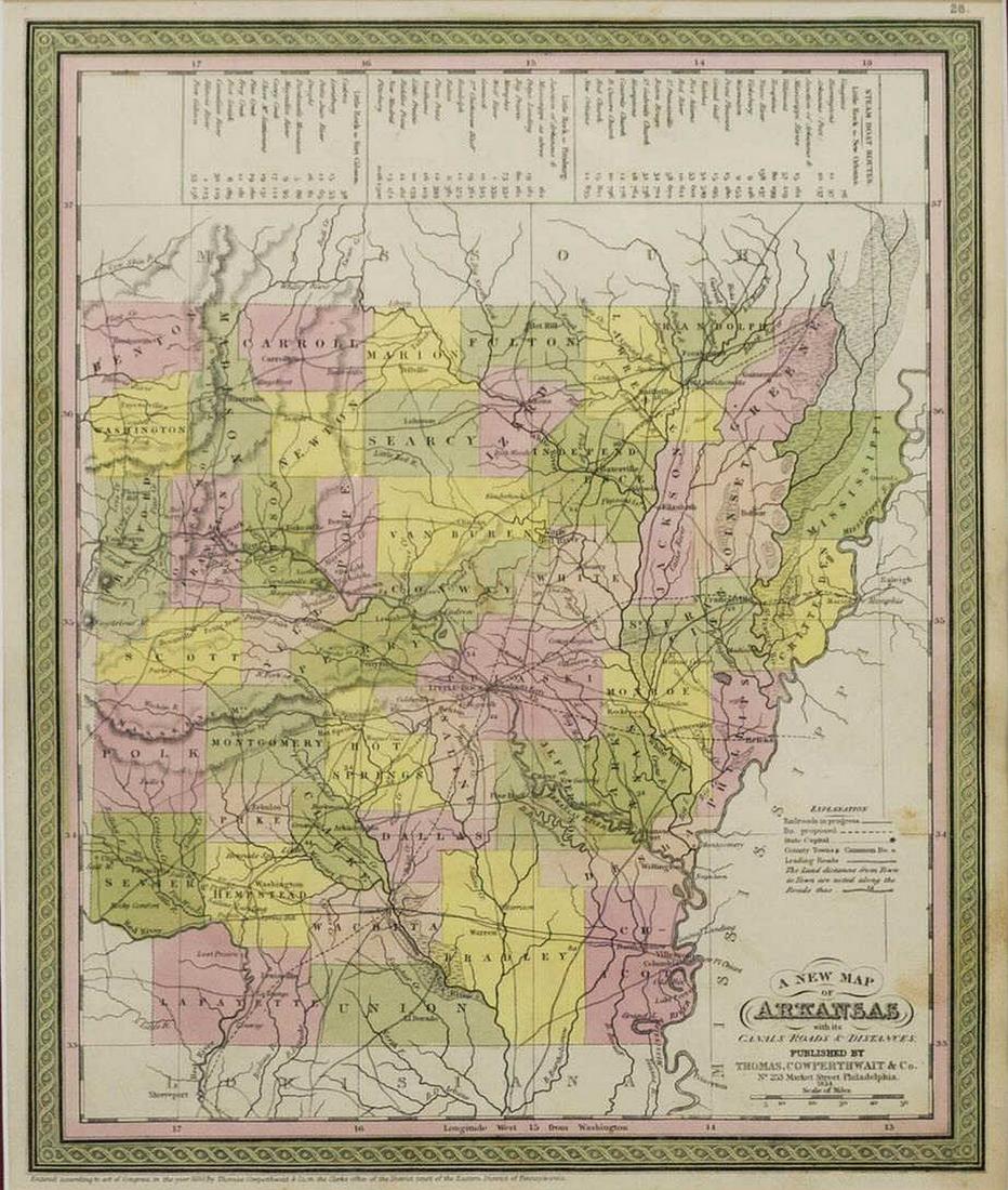 MAP: NEW MAP OF ARKANSAS, STEAMBOAT ROUTES, 1854 (1 of 6)