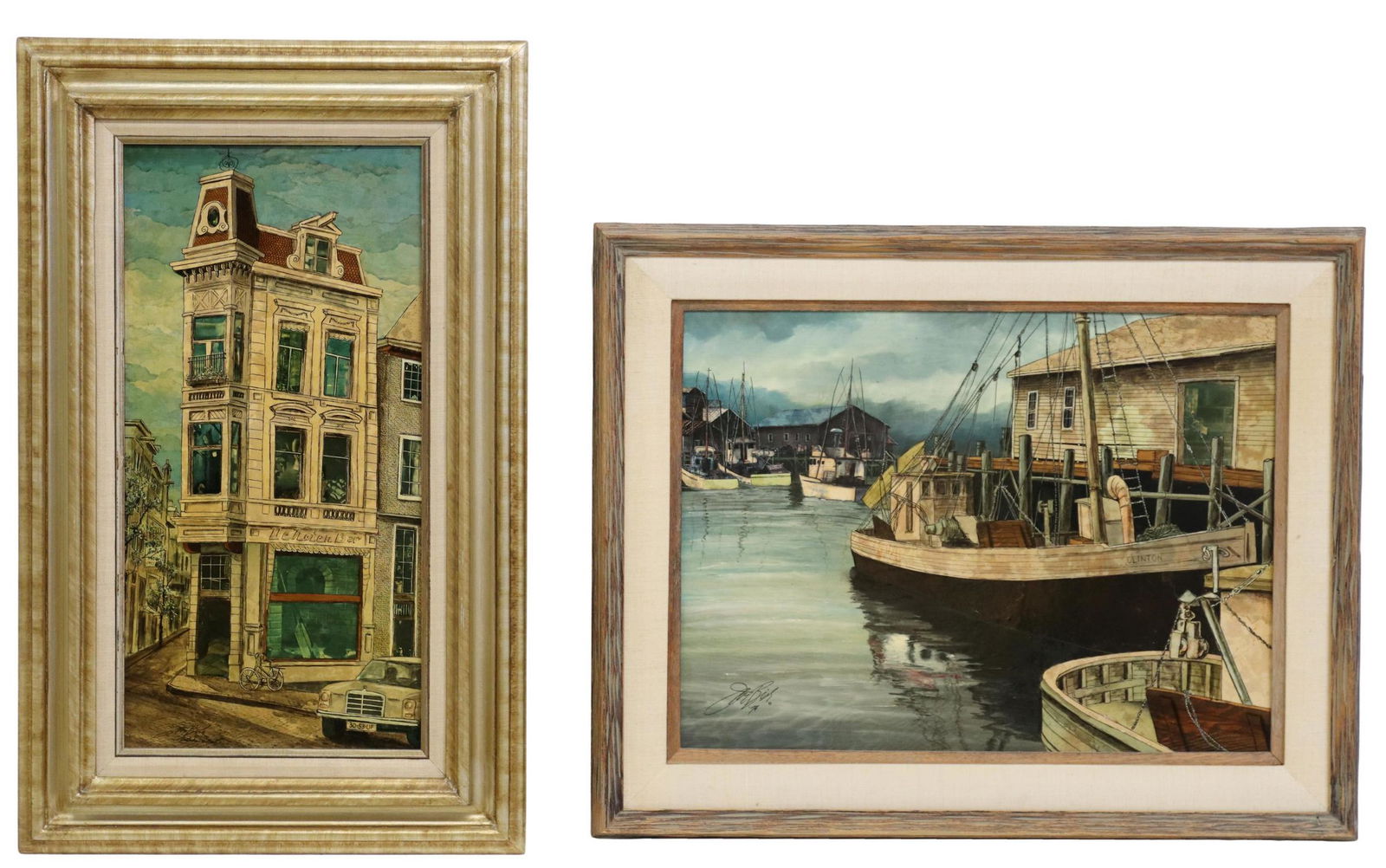 2) JAN DOUGLAS BISH (20TH C.) MIXED MEDIA COLLAGES: (lot of 2) Framed mixed media collages on panel, signed lower left Jan Bish (Jan Douglas Bish, American, 20th c.), dated [19]74, including: (1) "Amsterdam, Holland," sight: approx 23.5"h, 11.5"w, over