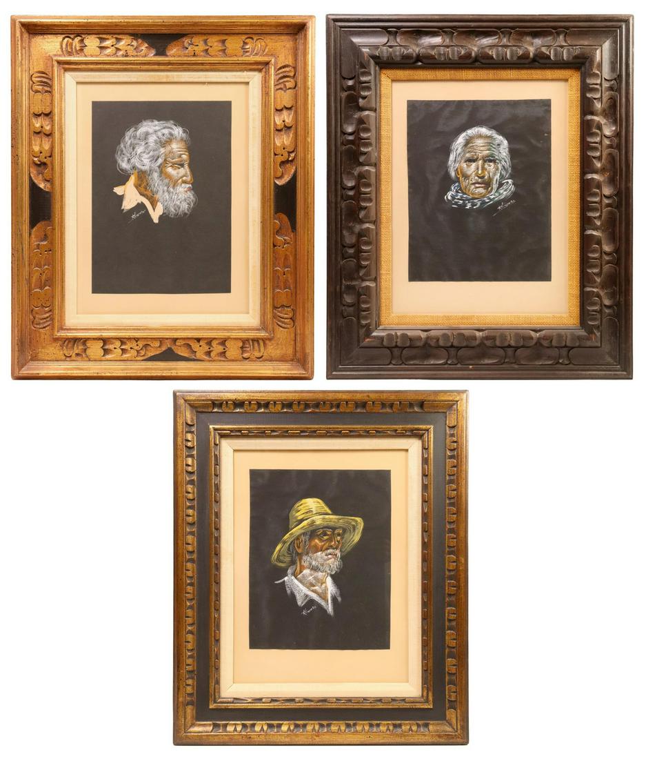 (3) R. TRIGUEROS (20TH C.) MIXED MEDIA PORTRAITS: (lot of 3) Framed pastel and gouache on black paper, Portraits, signed R. Trigueros (Ramiro Trigueros, 20th c.); largest - sheet: approx 13"h, 9.5"w, overall: 24.25"h, 20.25"w, 18lbs total Start Price