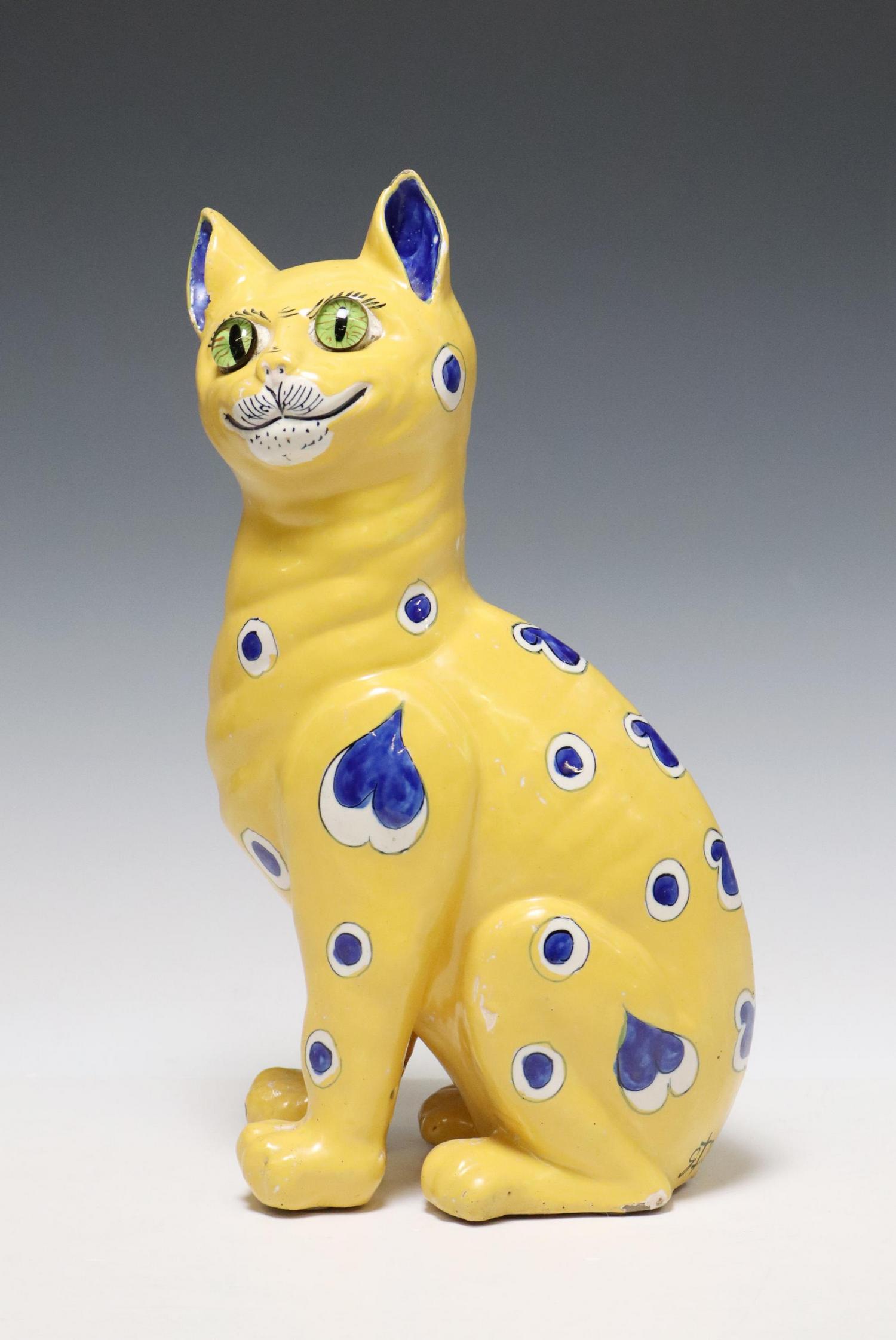 EMILE GALLE (D.1904) YELLOW FAIENCE SEATED CAT (1 of 6)