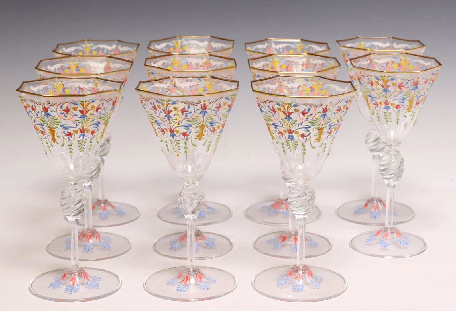 (11) VENETIAN ENAMELED GLASS WATER GOBLETS (1 of 2)