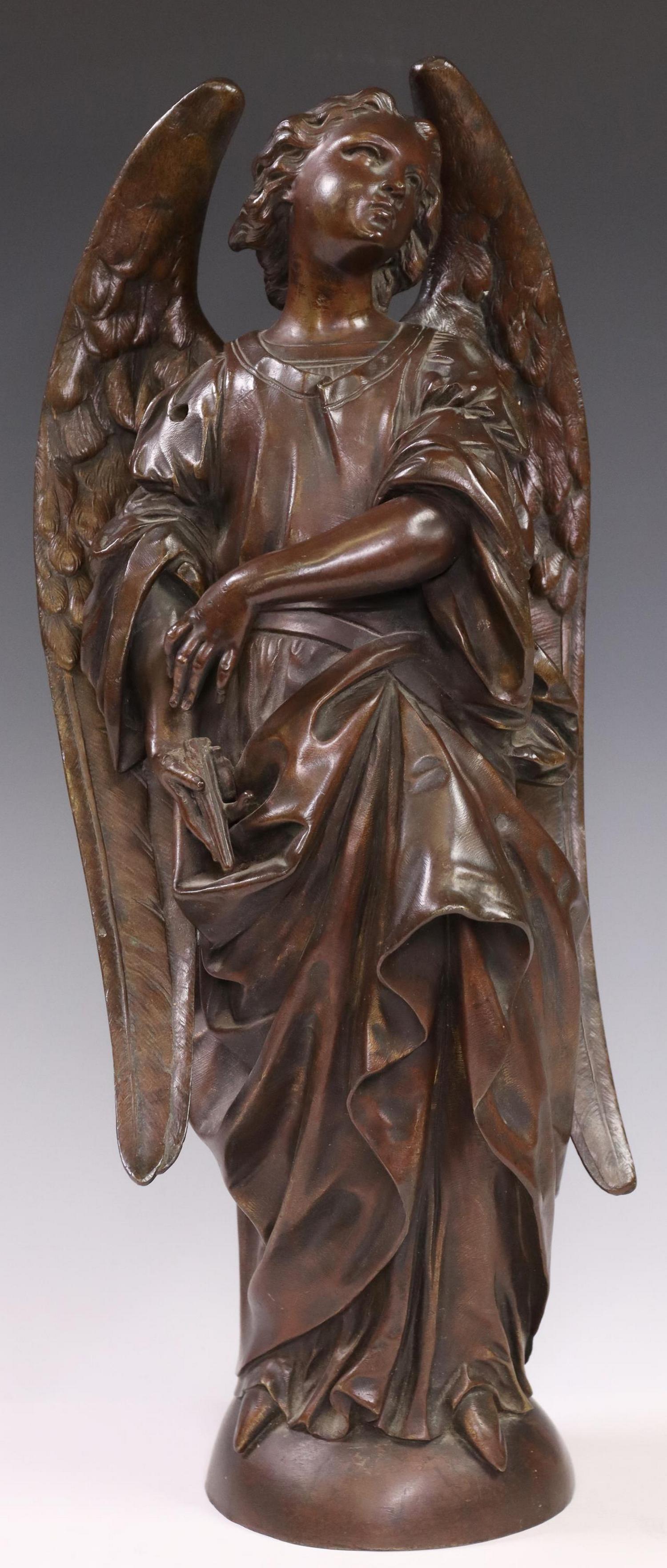 PATINATED BRONZE FIGURAL SCULPTURE OF AN ANGEL: Patinated bronze sculpture of an angel, wings spread, standing on curved base, marked "AV" on back, lacking element in hand, base drilled, approx 15.75"h, 6"w, 5"d, 13.5lbs Start Price: $100.00