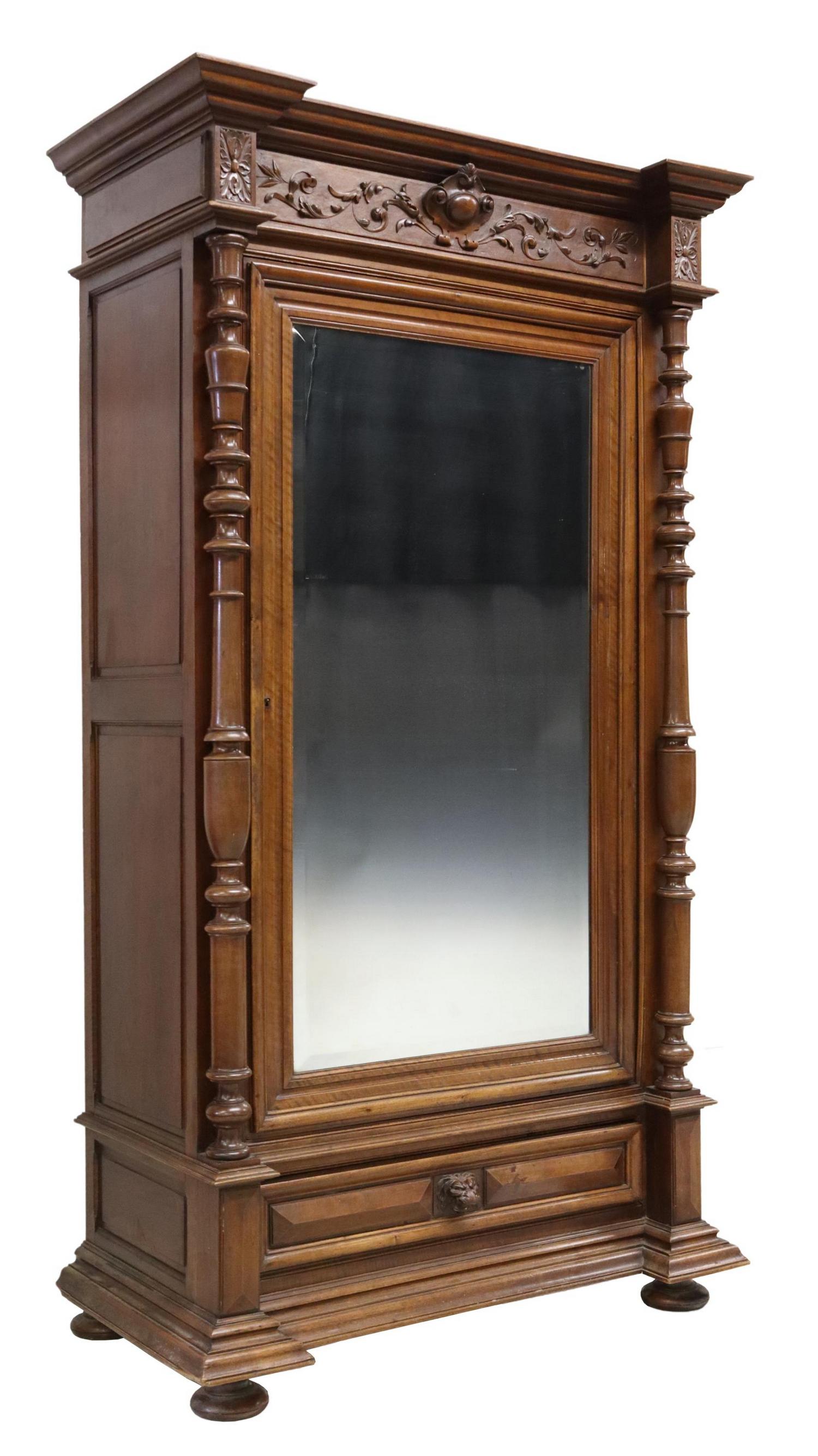 FRENCH HENRI II STYLE WALNUT MIRRORED ARMOIRE (1 of 6)