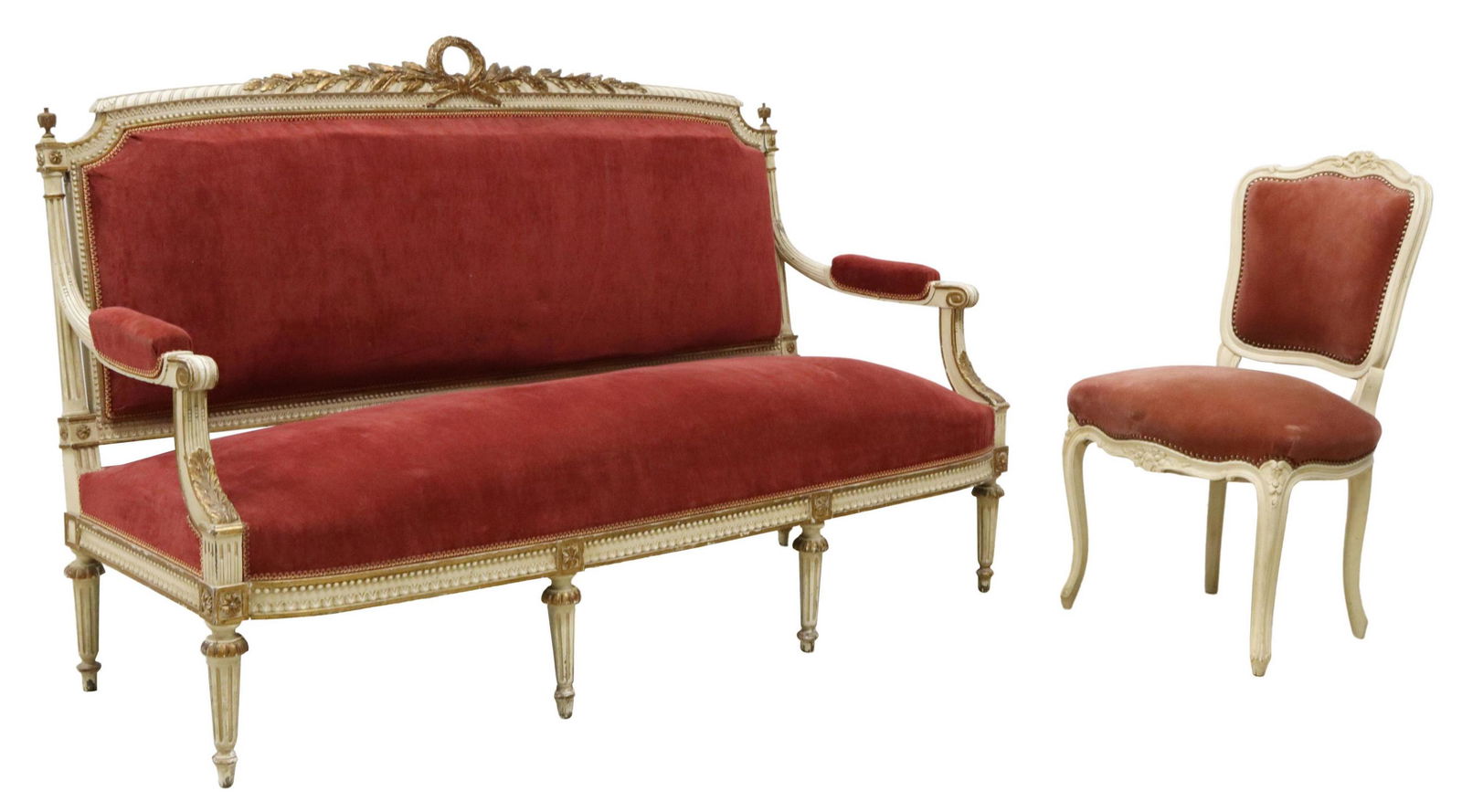 2) FRENCH LOUIS XV & XVI STYLE UPHOLSTERED SEATING: (lot of 2) French painted seating, 20th c., both in a red plush upholstery, including: (1) Louis XVI style settee, having parcel gilt wreath crest, scrolled handholds, rising on fluted and tapered leg