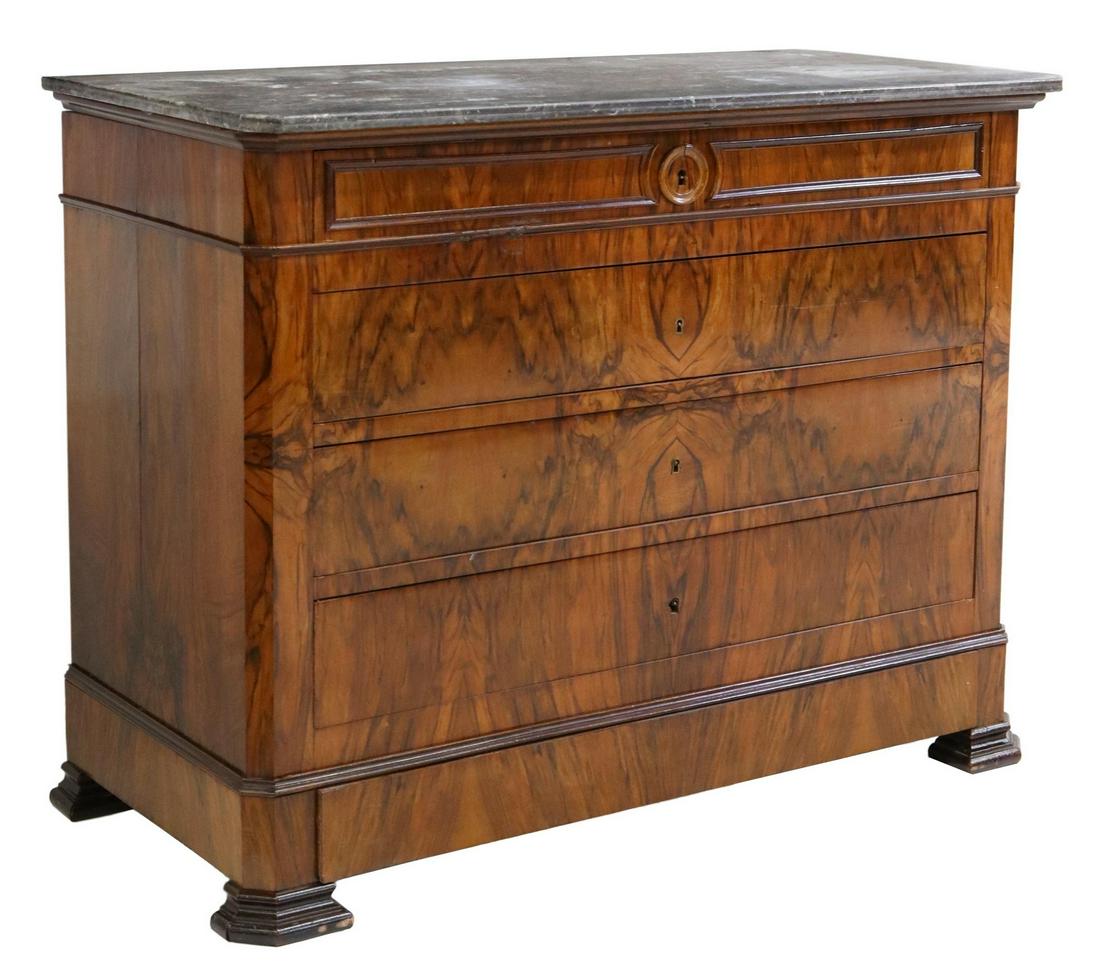 FRENCH LOUIS PHILIPPE MARBLE-TOP WALNUT COMMODE (1 of 5)