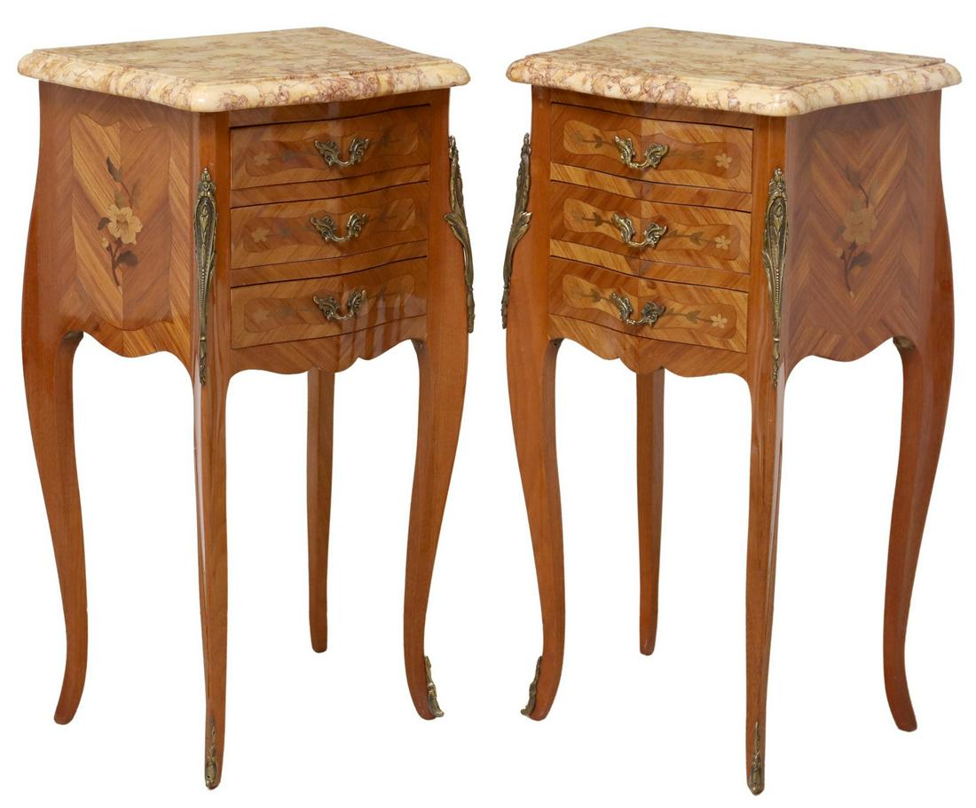 (2) LOUIS XV STYLE MARBLE-TOP INLAID NIGHTSTANDS: (pair) French Louis XV style nightstands, early 20th c., having shaped marble top, over matched veneer case with inlaid floral marquetry, three drawers, rising on cabriole legs, ending on sabots, appr