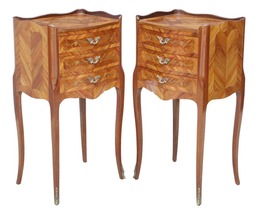 (2) FRENCH LOUIS XV STYLE MARQUETRY NIGHTSTANDS: (pair) French Louis XV style inlaid nightstands, early 20th c., shaped top with three-quarter gallery, over three drawers, matched veneer case with inlaid floral marquetry, rising on cabriole legs, en