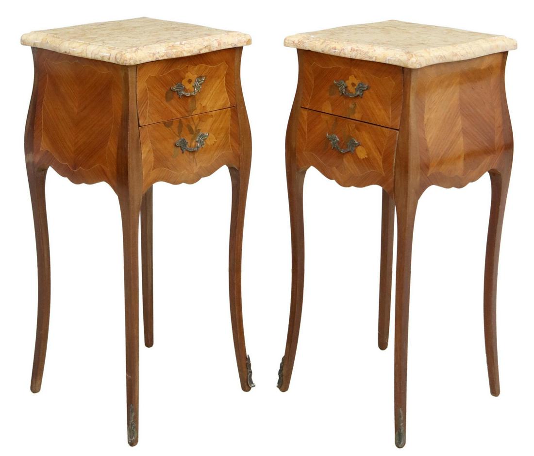 (2) FRENCH LOUIS XV STYLE MARBLE-TOP NIGHTSTANDS: (pair) French Louis XV style matched veneer nightstands, 20th c., having marble top, floral marquetry, two drawers, rising on cabriole legs, ending in sabots, approx 19.5"h, 13.25"sq Start Price: $200