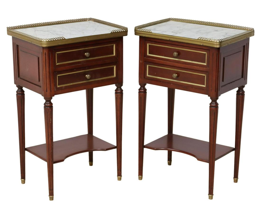 2) LOUIS XVI STYLE MARBLE-TOP MAHOGANY NIGHTSTANDS: (pair) French Louis XVI style marble-top mahogany nightstands, 20th c., pierced metal three-quarter gallery, enclosing the marble top, two drawers, medial shelf, on tapering fluted legs, approx 27"h, 